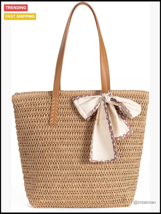 Handbags - Large Handwoven Straw Tote Beach Bag with Zipper Pocket
